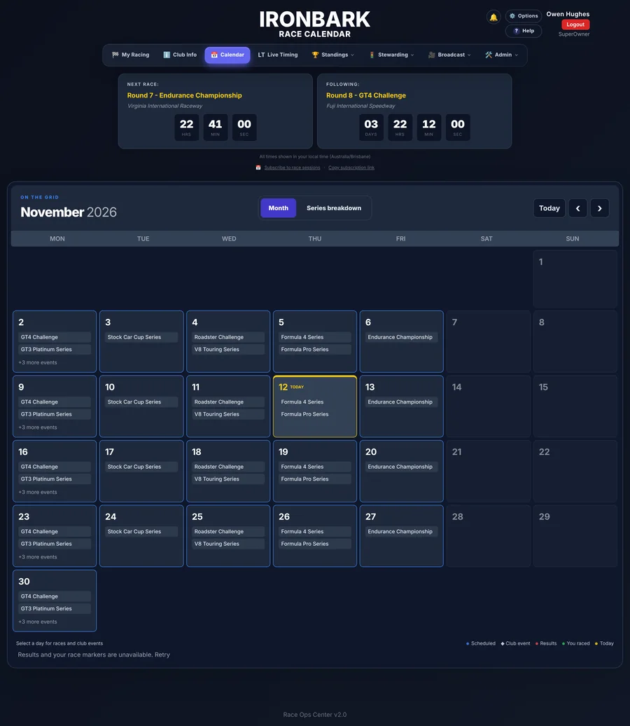 A sample league's race calendar for November, with race nights for every series across the month.