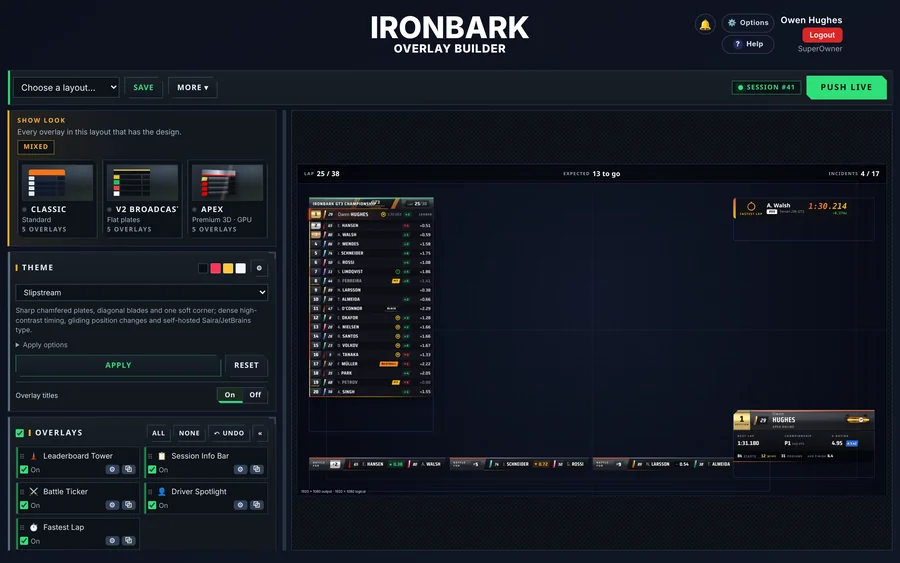 The Overlay Builder: Show Look picker with Classic, V2 Broadcast and Apex, a theme picker, the overlay list and a race-night layout on the 1920 by 1080 canvas
