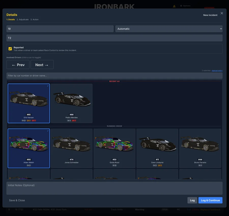 New incident dialog in Race Control: lap 19, turn 2, marked as reported, with the two cars from the latest 4x selected above the running order of car renders.